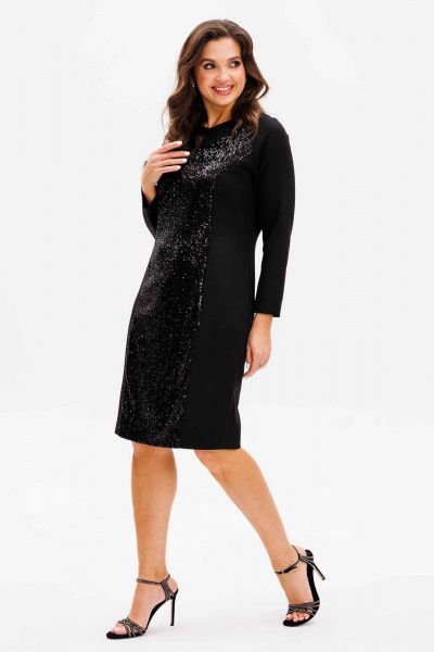 Расклешенное платье с рельефами и пайетками с эффектом шлейфа Mislana 1156 черный+пайетки - фото 5