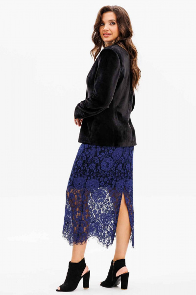 Стильный нарядный комплект жакета и юбки из бархата и кружева Mislana 1171 черный/синий - фото 6