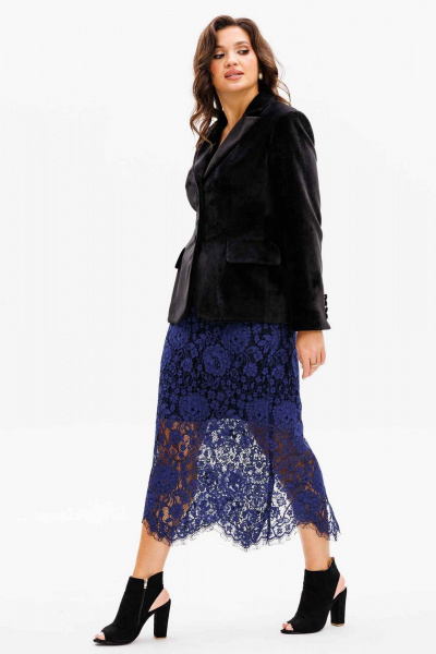 Стильный нарядный комплект жакета и юбки из бархата и кружева Mislana 1171 черный/синий - фото 5