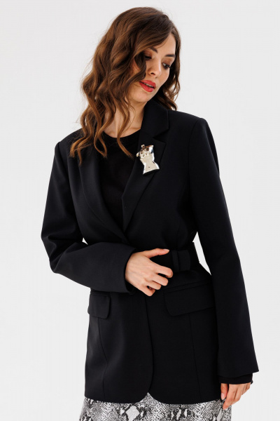 Комфортный демисезонный черный жакет с ремнем и прорезными карманами EOLA 2598 черный - фото 6