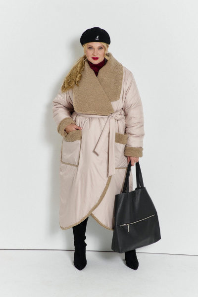 Пальто из плащевой ткани с меховым воротником TEZA 5732 экрю - фото 4