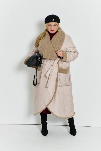 Пальто из плащевой ткани с меховым воротником TEZA 5732 экрю - фото 3
