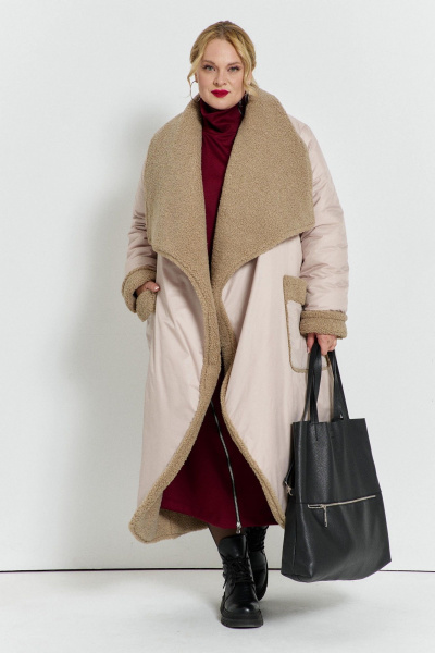 Пальто из плащевой ткани с меховым воротником TEZA 5732 экрю - фото 1