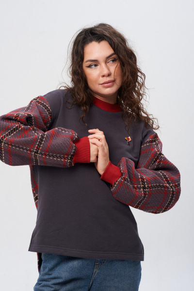 Джемпер из трикотажа в клетку с съемной брошью и свободным кроем HIT 2014/1 графит,бордо - фото 5