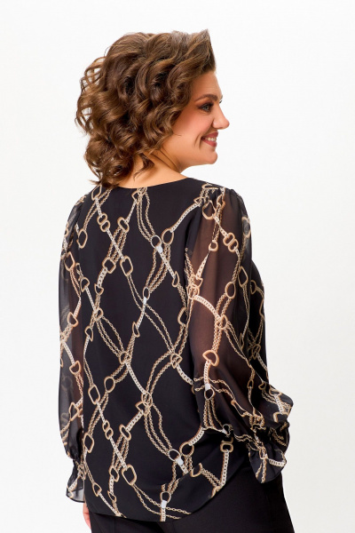 Шифоновая блузка А-силуэта с нагрудными выточками Swallow 803 чёрный,принт"цепи" - фото 10