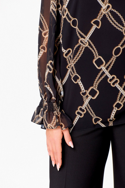 Шифоновая блузка А-силуэта с нагрудными выточками Swallow 803 чёрный,принт"цепи" - фото 11