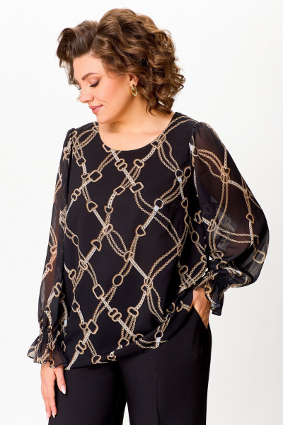 Шифоновая блузка А-силуэта с нагрудными выточками Swallow 803 чёрный,принт"цепи" - фото 1