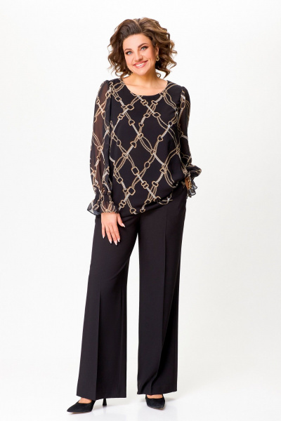 Шифоновая блузка А-силуэта с нагрудными выточками Swallow 803 чёрный,принт"цепи" - фото 5