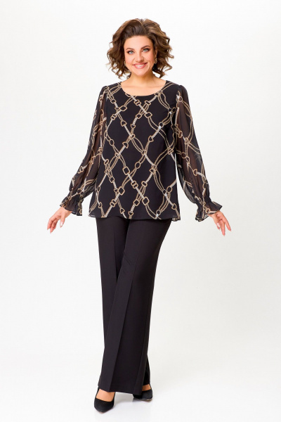 Шифоновая блузка А-силуэта с нагрудными выточками Swallow 803 чёрный,принт"цепи" - фото 4