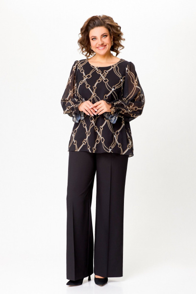 Шифоновая блузка А-силуэта с нагрудными выточками Swallow 803 чёрный,принт"цепи" - фото 3
