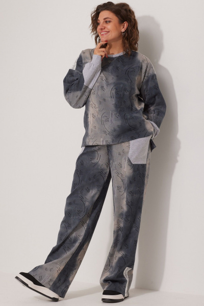 Комплект из серых брюк и свитшота в стиле спорт-шик из трикотажа BegiModa 3079 синий дым - фото 1