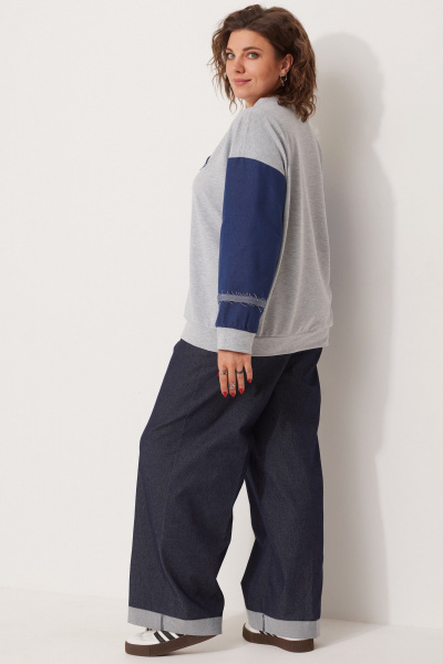 Свободный свитшот спорт-шик из трикотажа с джинсовыми вставками BegiModa 4111 серый - фото 7