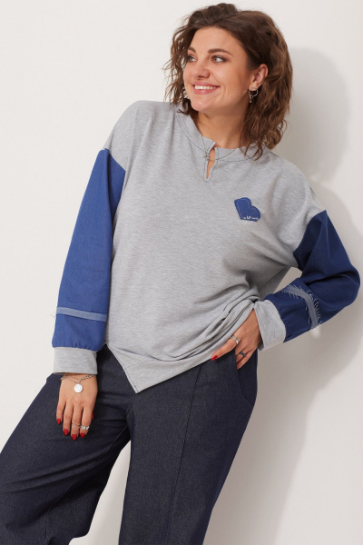 Свободный свитшот спорт-шик из трикотажа с джинсовыми вставками BegiModa 4111 серый - фото 6