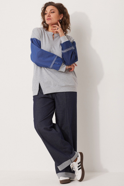 Свободный свитшот спорт-шик из трикотажа с джинсовыми вставками BegiModa 4111 серый - фото 3