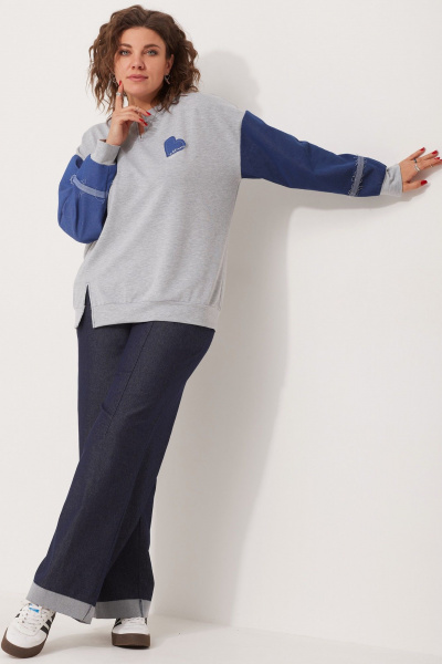 Свободный свитшот спорт-шик из трикотажа с джинсовыми вставками BegiModa 4111 серый - фото 2