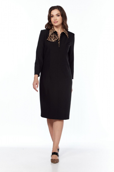 Платье зауженное к низу с рубашечным воротником Vilena 1021 черный-леопард - фото 4