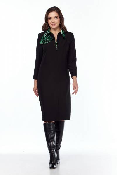 Платье с комбинированными тканевыми вставками на каждый день Vilena 1021 черный-зелены_леопард - фото 1