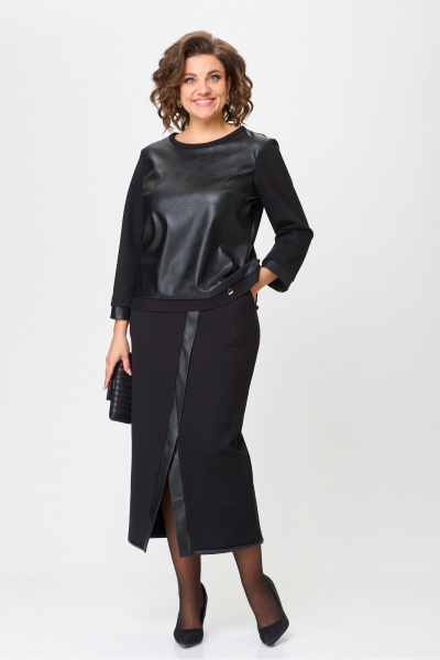 Джемпер Юбка демисезонный комплект из трикотажа и экокожи Michel chic 1394 черный - фото 1