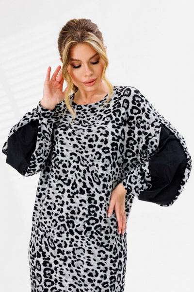 Теплое трикотажное платье с длинным рукавом и вставками Faufilure C1671 леопард_серый - фото 3