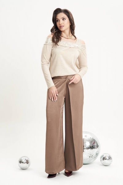 Круглогодичный бежевый трикотажный джемпер с пайетками Fantazia Mod 5015 - фото 5