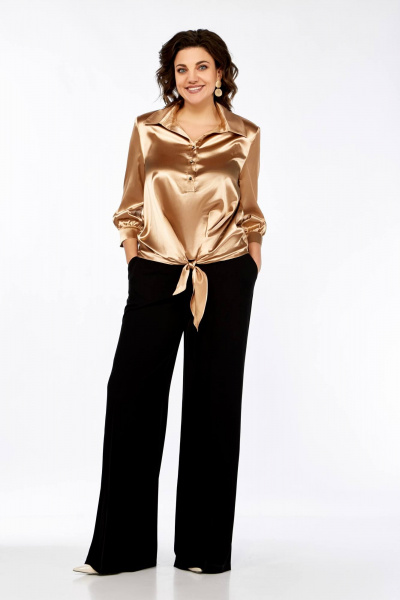 Бежевый атласный блузочный топ длиной 65 см Ольга Стиль С-878 платиновый - фото 7