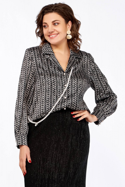Блуза свободного силуэта с пиджачным воротником и длинным рукавом Ольга Стиль С-880 черно-белый - фото 2