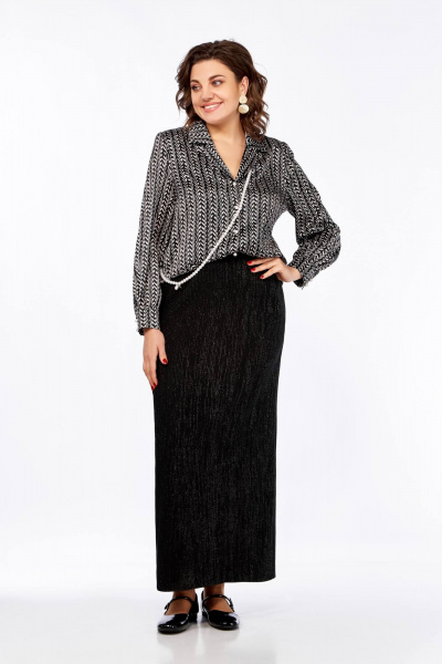 Блуза свободного силуэта с пиджачным воротником и длинным рукавом Ольга Стиль С-880 черно-белый - фото 1