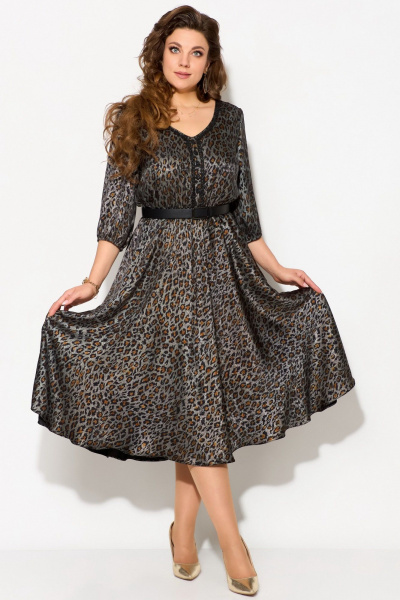 Платье расклешенное из текстильной ткани с леопардовым принтом Fita 5021 коричнево-золотой - фото 2