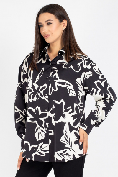 Демисезонная блузка из текстиля с цветочным принтом и спущенными плечами VIZAVI 816 черно-белый - фото 6
