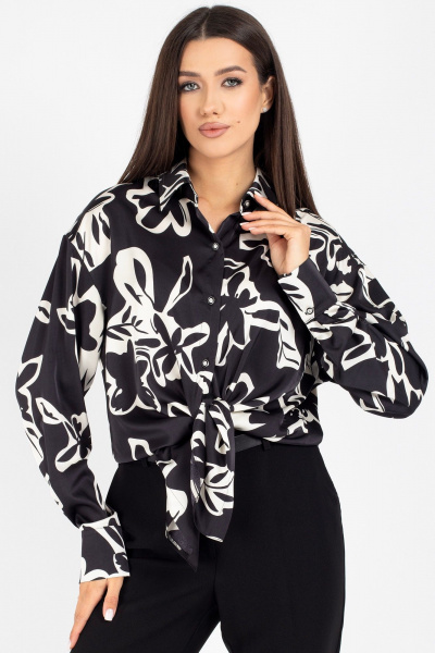 Демисезонная блузка из текстиля с цветочным принтом и спущенными плечами VIZAVI 816 черно-белый - фото 4