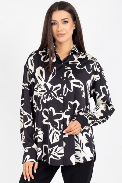 Демисезонная блузка из текстиля с цветочным принтом и спущенными плечами VIZAVI 816 черно-белый - фото 1