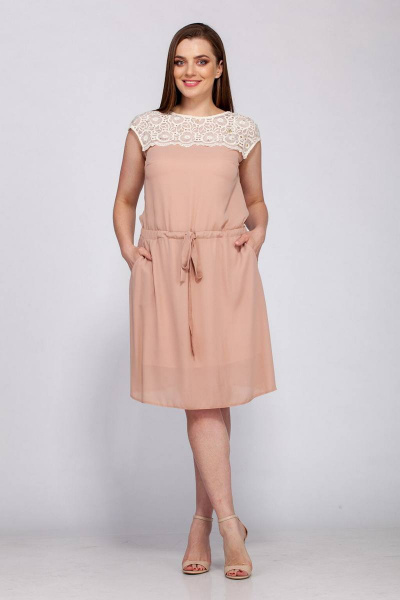 Платье прямое летнее из шифона с кружевной отделкой Pama Style 794 бежевый - фото 1