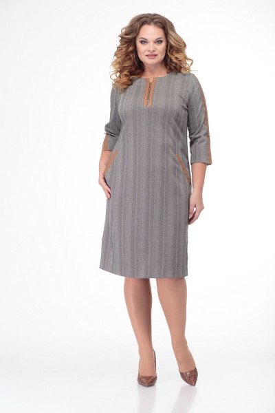 Многоцветное платье из трикотажа с прорезными карманами и складками Anelli 899 серый-капучино - фото 1