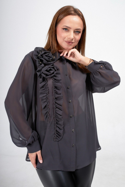 Круглогодичная изящная блузка из шифона с воланами и стойкой Condra 16263 темный серый - фото 2