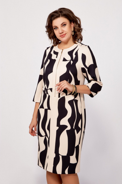 Платье из комбинации принта и однотонной ткани с молнией Swallow 798 бежево-чёрный_принт - фото 5