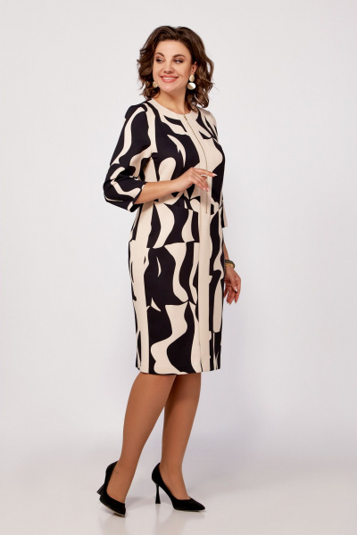 Платье из комбинации принта и однотонной ткани с молнией Swallow 798 бежево-чёрный_принт - фото 4