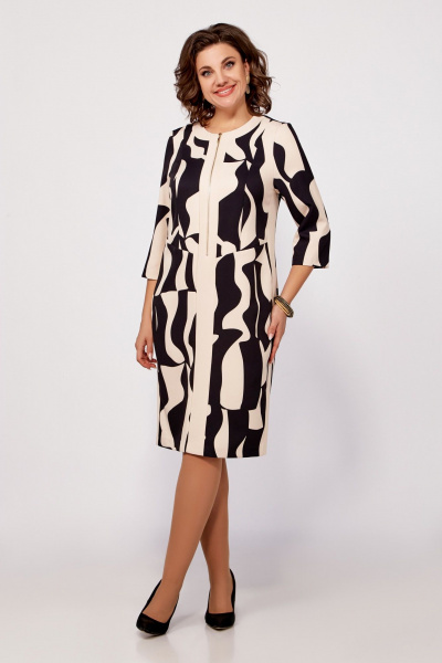 Платье из комбинации принта и однотонной ткани с молнией Swallow 798 бежево-чёрный_принт - фото 3