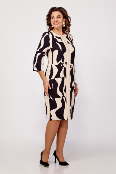 Платье из комбинации принта и однотонной ткани с молнией Swallow 798 бежево-чёрный_принт - фото 2