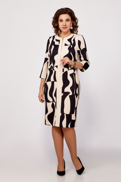 Платье из комбинации принта и однотонной ткани с молнией Swallow 798 бежево-чёрный_принт - фото 1