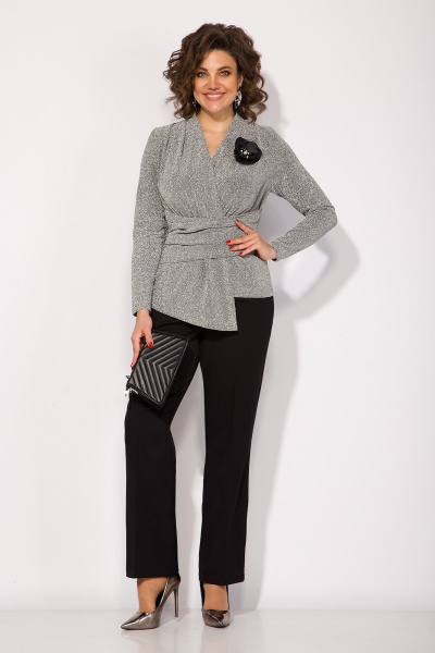 Комплект блуза и брюки в нарядном стиле из трикотажа Liliana 1391БрПн серебро+черный - фото 1
