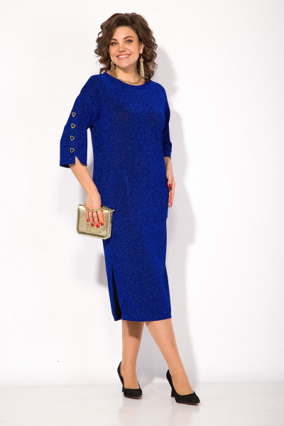 платье прямое из трикотажа с разрезом и эффектом мерцания Liliana 1392 электрик - фото 2