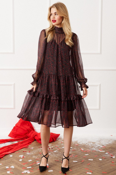 Платье из шифона с воланами и сборками, демисезон Lokka 1544 черный_красный_принт - фото 1
