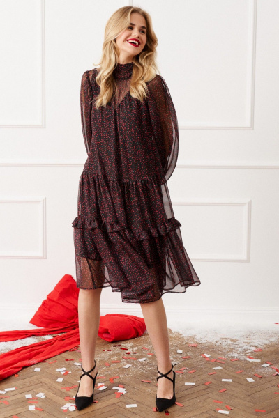 Платье из шифона с воланами и сборками, демисезон Lokka 1544 черный_красный_принт - фото 5