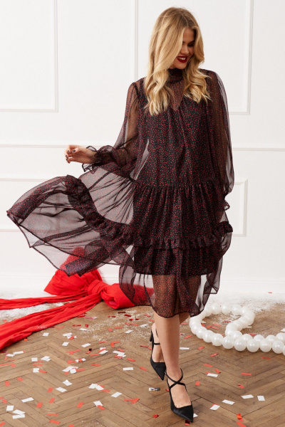 Платье из шифона с воланами и сборками, демисезон Lokka 1544 черный_красный_принт - фото 4