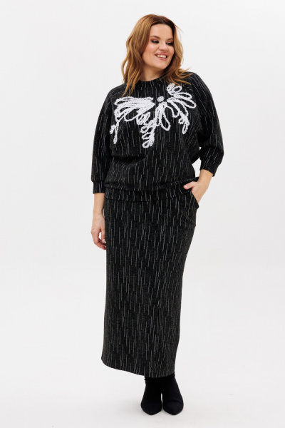 Джемпер и юбка из трикотажа с вышивкой и разрезом для различный случаев Michel chic 1407 черно-белый - фото 6