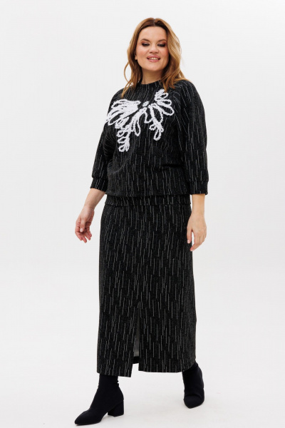Джемпер и юбка из трикотажа с вышивкой и разрезом для различный случаев Michel chic 1407 черно-белый - фото 5