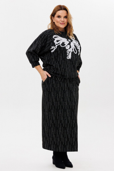 Джемпер и юбка из трикотажа с вышивкой и разрезом для различный случаев Michel chic 1407 черно-белый - фото 3