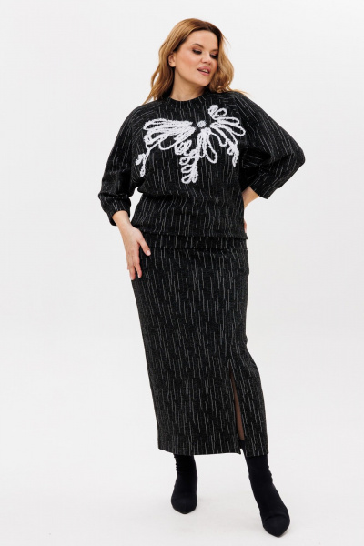 Джемпер и юбка из трикотажа с вышивкой и разрезом для различный случаев Michel chic 1407 черно-белый - фото 1