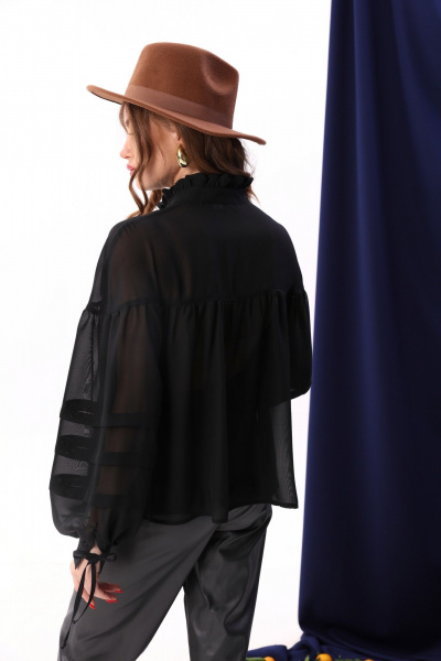 Черная шифоновая блуза с кокетками и рюшами NikVa 414-3 чёрный - фото 8