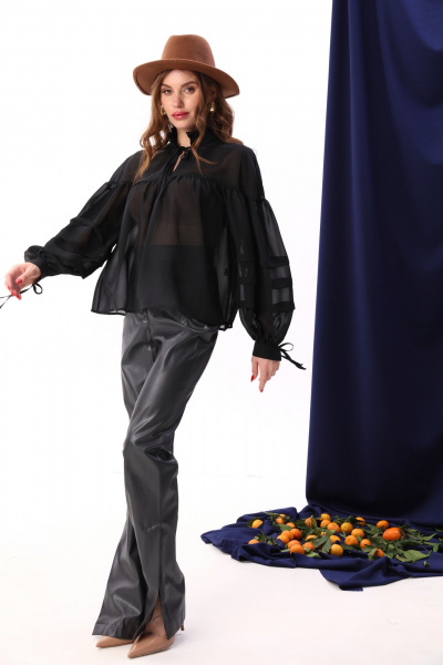 Черная шифоновая блуза с кокетками и рюшами NikVa 414-3 чёрный - фото 7